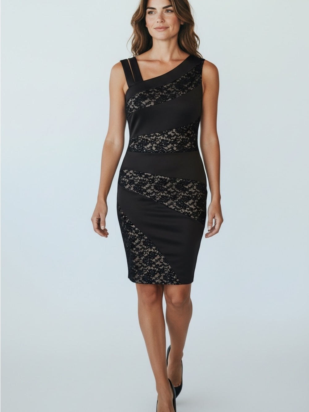 R&M Richards Black One-Shoulder Lace-Panel Sheath Dress